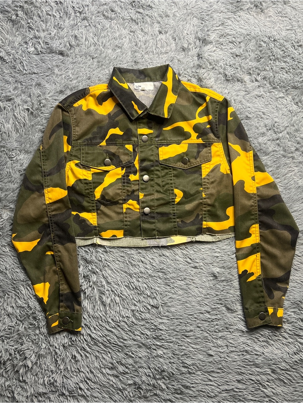 by the way. Cropped Yellow & Olive Camo Jean Jacket